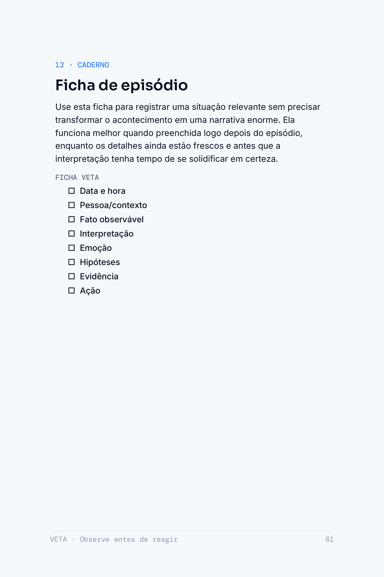 Ficha prática de episódio do Caderno VETA